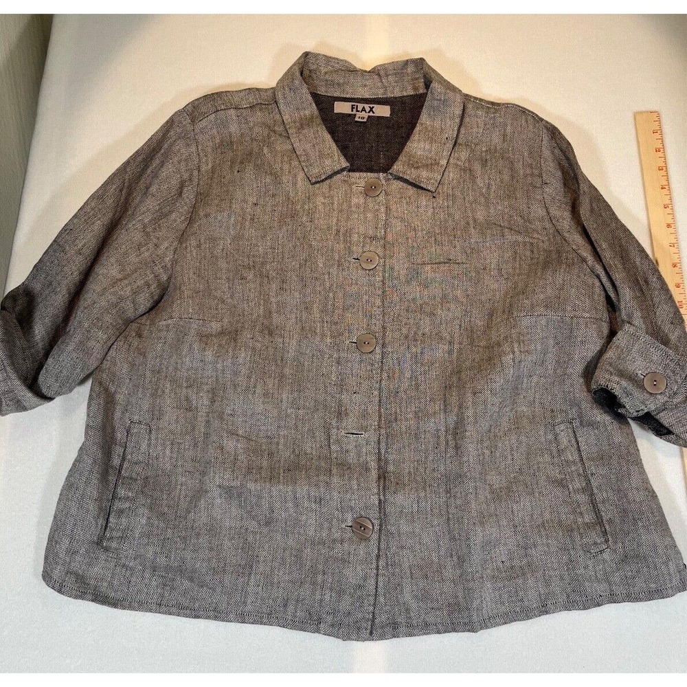 Flax Shirt Jacket Gray 3/4 Sleeves Pockets Collared 100% Linen Size 1G